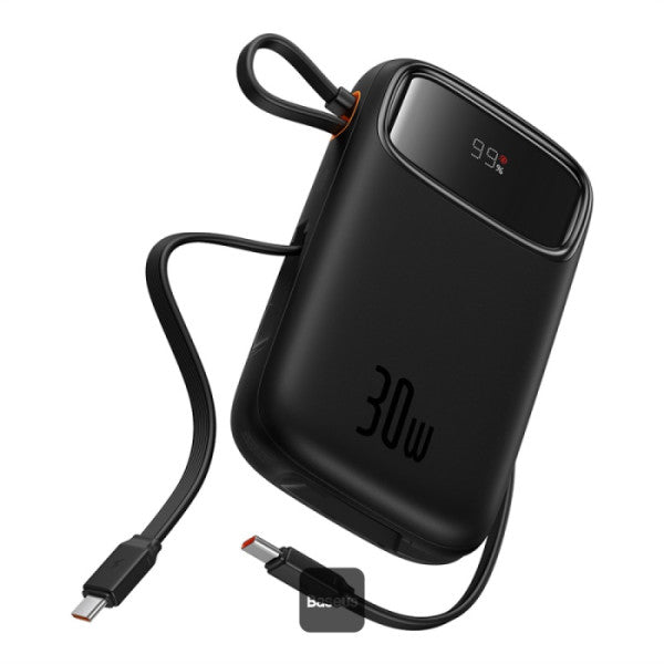 QPow2 10000mAh Digital Display Fast Charge Power Bank 30W With Built-in Dual Type-C Cable - Black