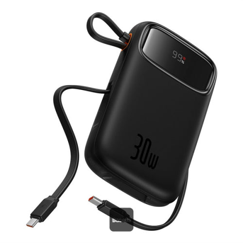 QPow2 10000mAh Digital Display Fast Charge Power Bank 30W With Built-in Dual Type-C Cable - Black