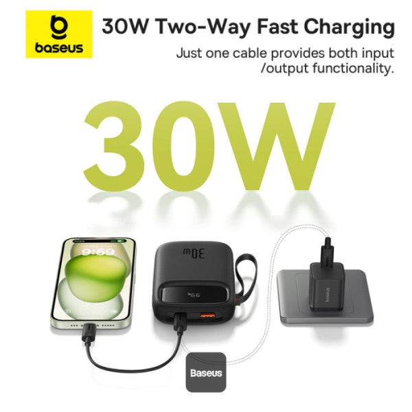 QPow2 10000mAh Digital Display Fast Charge Power Bank 30W With Built-in Dual Type-C Cable - Black